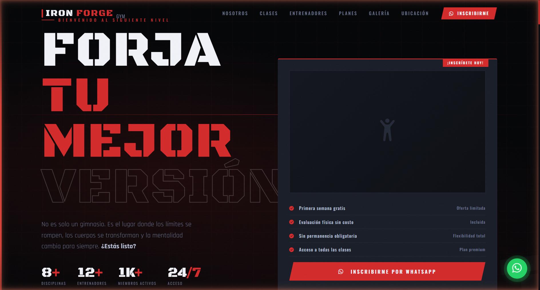 IronForge Gym — High-energy gym landing page with membership plans, trainers gallery, and lead capture form.