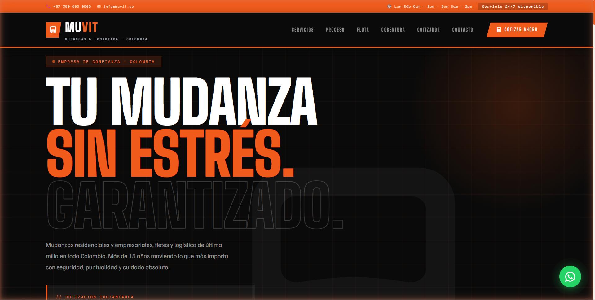 MuvIt Moving Co. — Moving and logistics company site with service tiers, instant quote calculator, and fleet showcase.