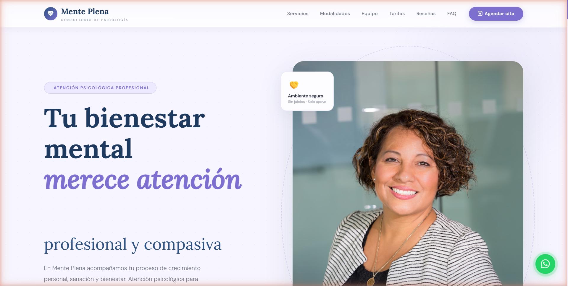 Mente Plena Psychology — Psychology practice site with therapist profiles, session booking, and service rate information.