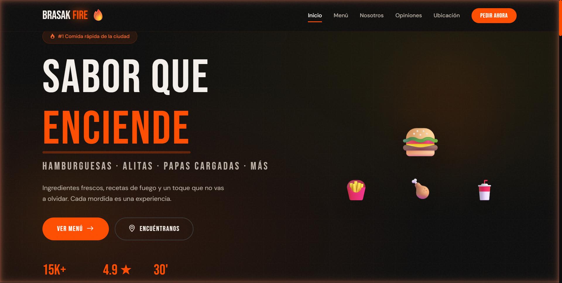 BrasakFire — BBQ restaurant landing page with menu showcase, online reservations, and Google Maps integration.