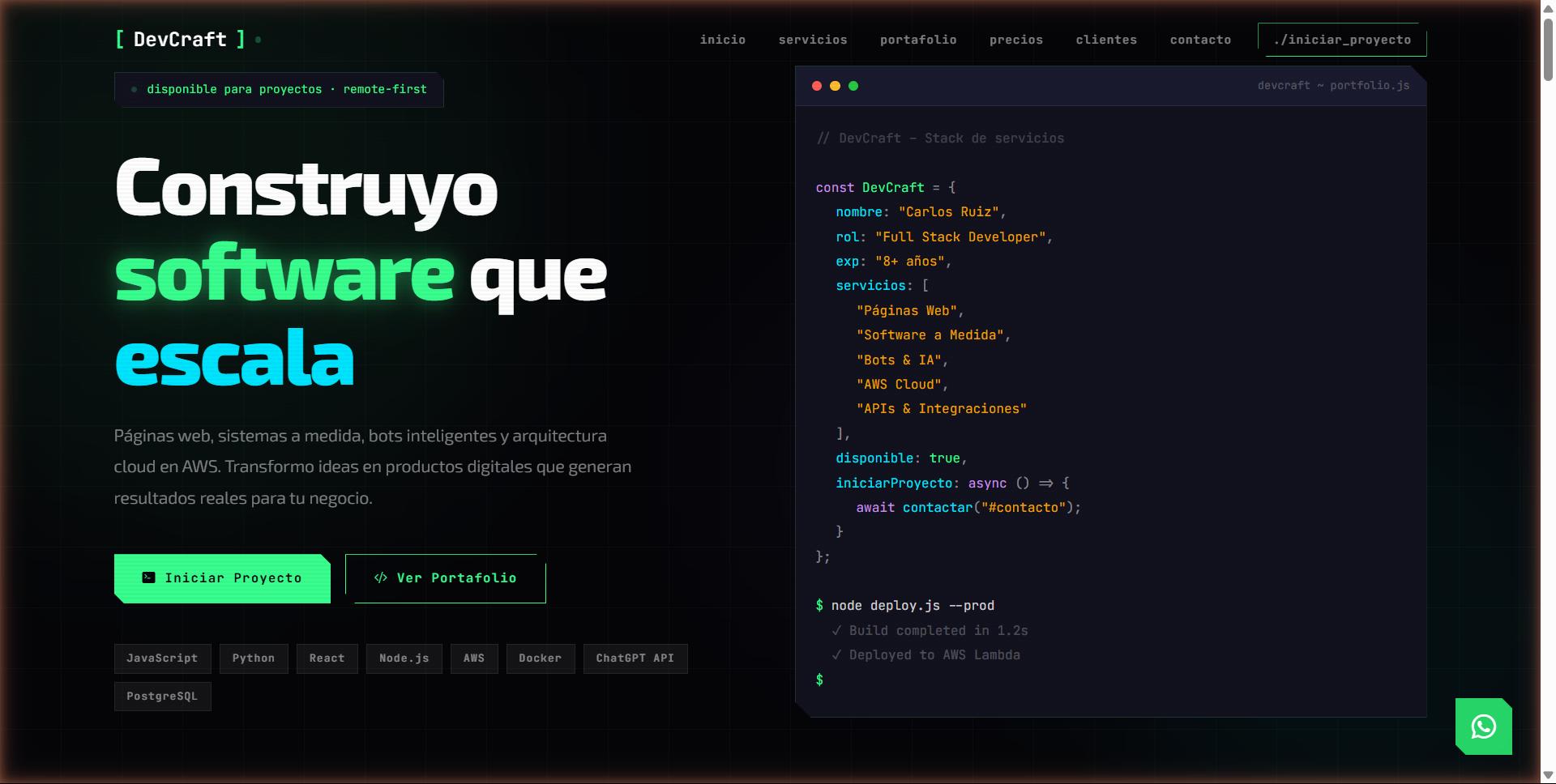 DevCraft Software — Developer portfolio with live code preview, tech stack showcase, and project case studies.